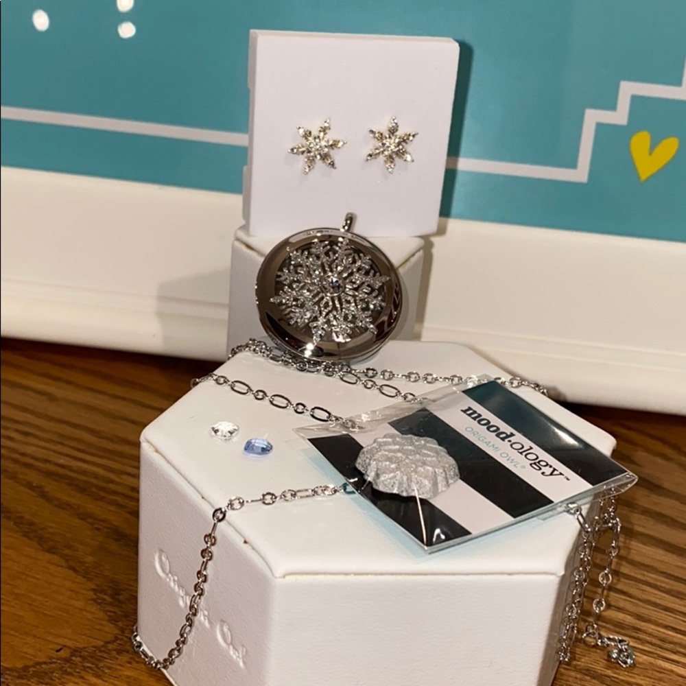 Origami Owl Lg Silver Snowflake Locket w/Earrings